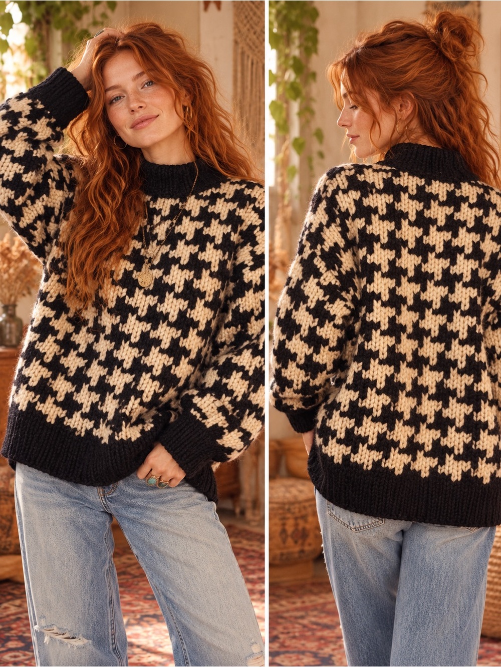 Vintage Inca Trail Houndstooth Wool Sweater in Black & Cream